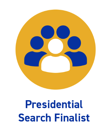 Icon of a people surrounding one person underneath says presidential search finalist 