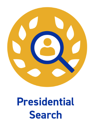 Icon of a magnifying glass with the shape of a person inside of it underneath says presidential search 