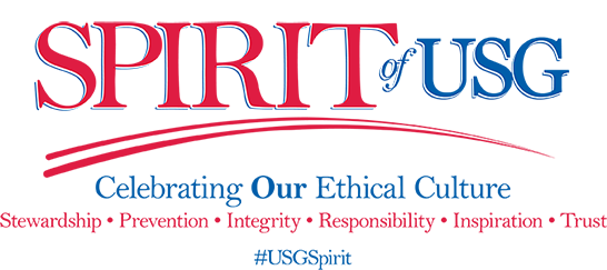 Spirit of USG Logo - Celebrating Our Ethical Culture: Stewardship, Prevention, Integrity, Responsibility, Inspirtaiton, Trust #USGSpirit