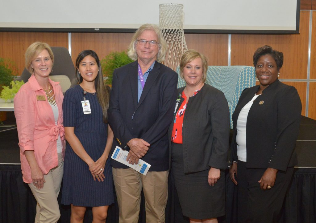 Caption: Interim President Marion Fedrick (right) discussed healthcare education in Southwest Georgia with fellow panelists Laura Calhoun (left), Stephanie Phan, Dr. Doug Patten and Tracy St. Amant at the Albany Area Chamber of Commerce’s State of the Community event. Photo credit: Reginald Christian