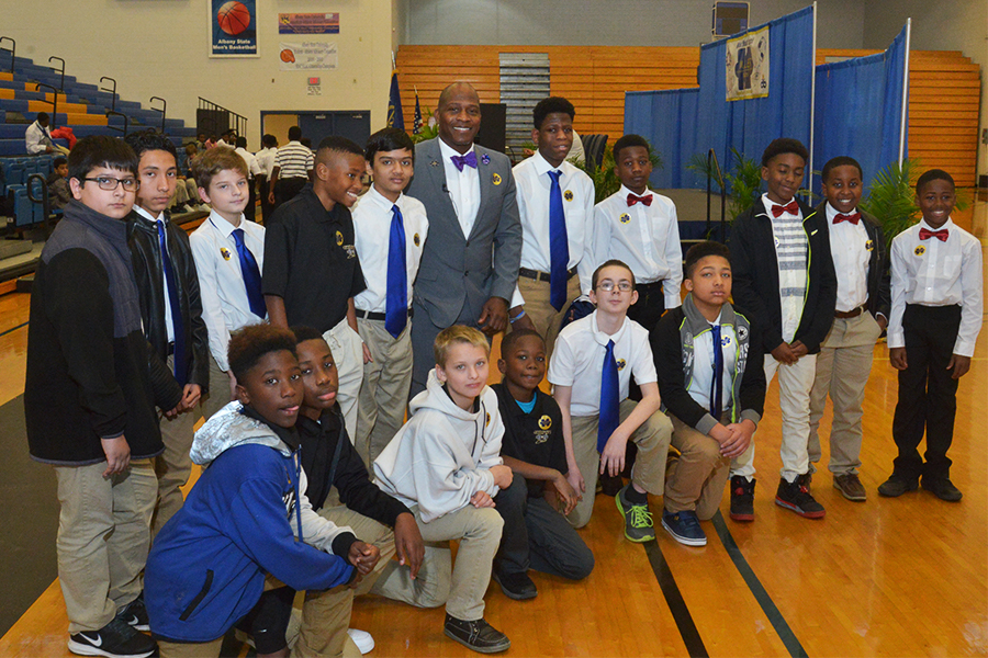 Mr. Antonio Leroy (center), Executive Director of the M.A.L.E.S. Mentors program, welcomed local middle school boys to ASU's annual Winter Youth Summit. Photo credit: Reginald Christian