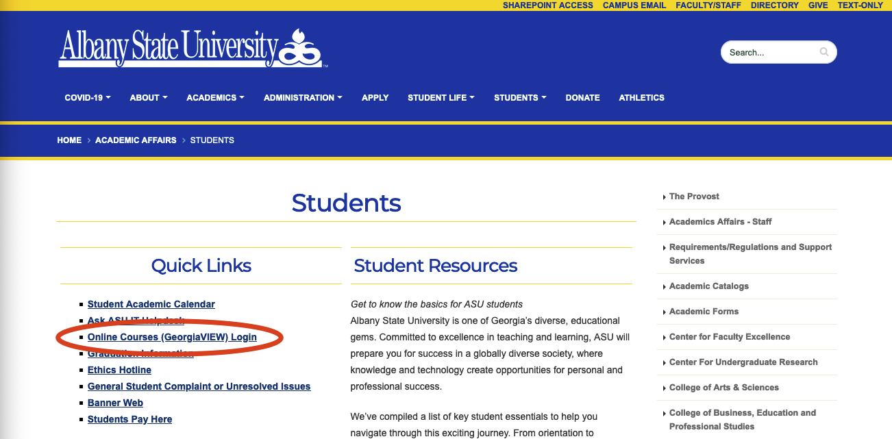 Screen shot of the Students page with the 'Online Courses (GeorgiaVIEW)' link circled